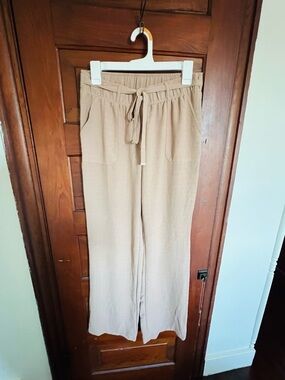 Beige Wide-Leg Drawstring Pants